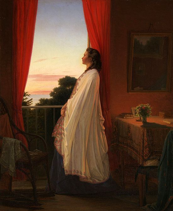 bijutsufan's tweet photo. ヨルゲン・ゾンネ『ベランダから夏の夜を見つめる女性』1865年 オスロ国立美術館 https://t.co/83PFHdGueC