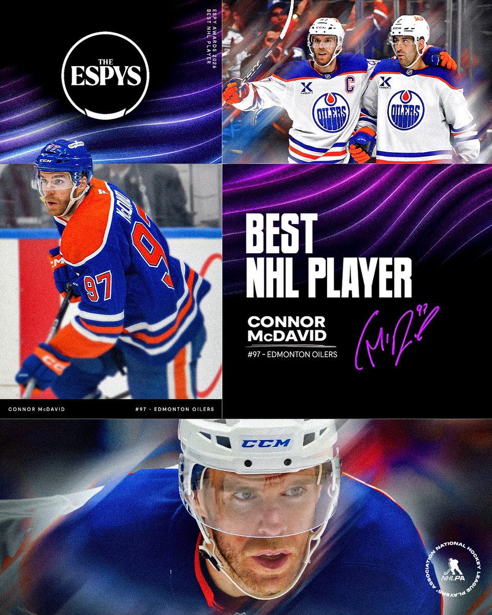 NHLPA's tweet photo. For the 4th time in his career, Connor McDavid takes home the ESPY for Best NHL Player.

Congratulations to the @EdmontonOilers captain! https://t.co/rlnLUWM2PX