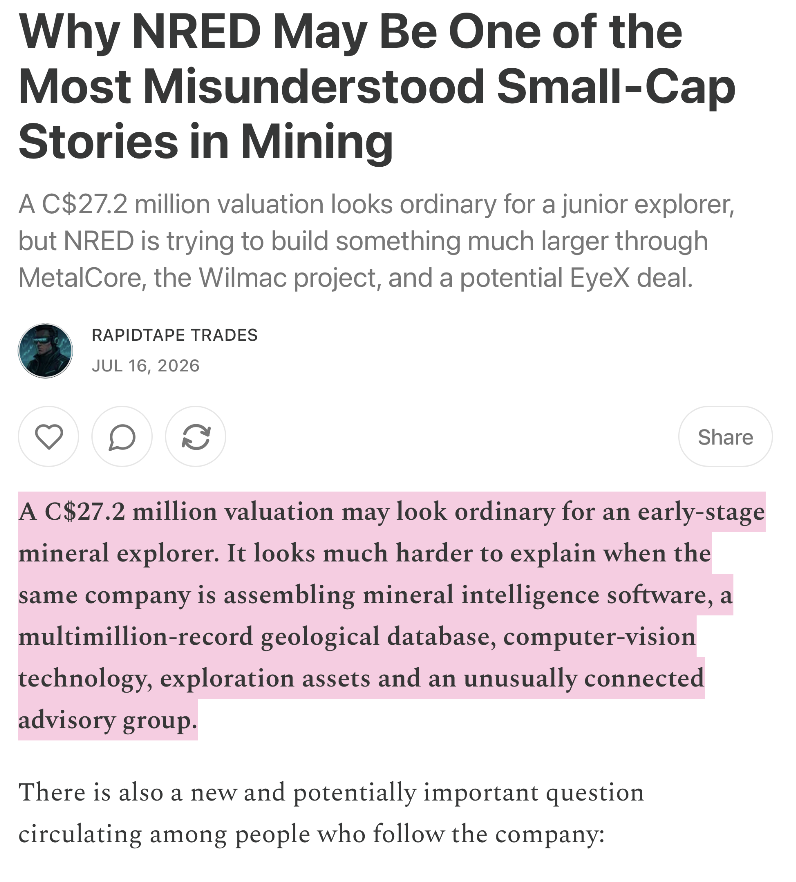 Mcintyradvise's tweet photo. Kristi Noem joining a C$27.2M company may be the biggest clue that the market is still valuing $NRED as the wrong type of business

She entered as a strategic adviser while NRED was assembling 3 connected layers: the Wilmac copper-gold project, MetalCore with 4.1M+ geological records, and EyeX computer-vision technology for real-time mining intelligence

For me, Noem matters because a company trying to expand across North America needs more than geology It needs government relationships, strategic partners, capital and access to future buyers
https://t.co/VZujZCFwRz

Does her arrival make $NRED more interesting as a 5-year investment-or is the technology still too early?

I’m watching the pieces come together, DYOR