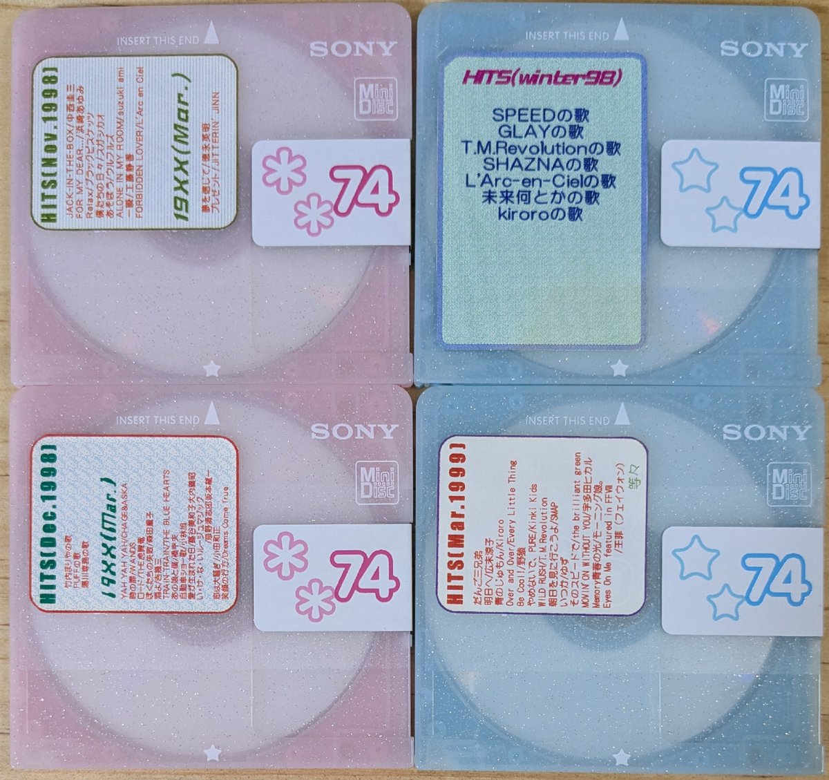 genda_chie's tweet photo. 我が家のMD（ミニディスク）ライブラリーより

1998年〜1999年頃、「スターデジオ」（デジタルラジオ）からの録音です。

インクジェットのカラープリンタで曲目ラベル作ってたね。 https://t.co/mQXqxcH12w