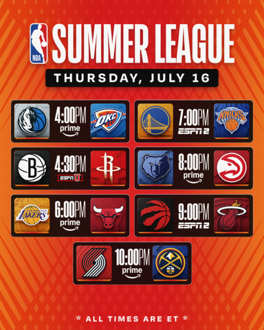 NBA's tweet photo. NBA Summer League in Las Vegas continues with seven games lined up, featuring multiple first-round picks in action 🔥
Tune in starting at 4:00pm/et on Prime, ESPN2, ESPNU and NBA League Pass. https://t.co/OIQigGJx02