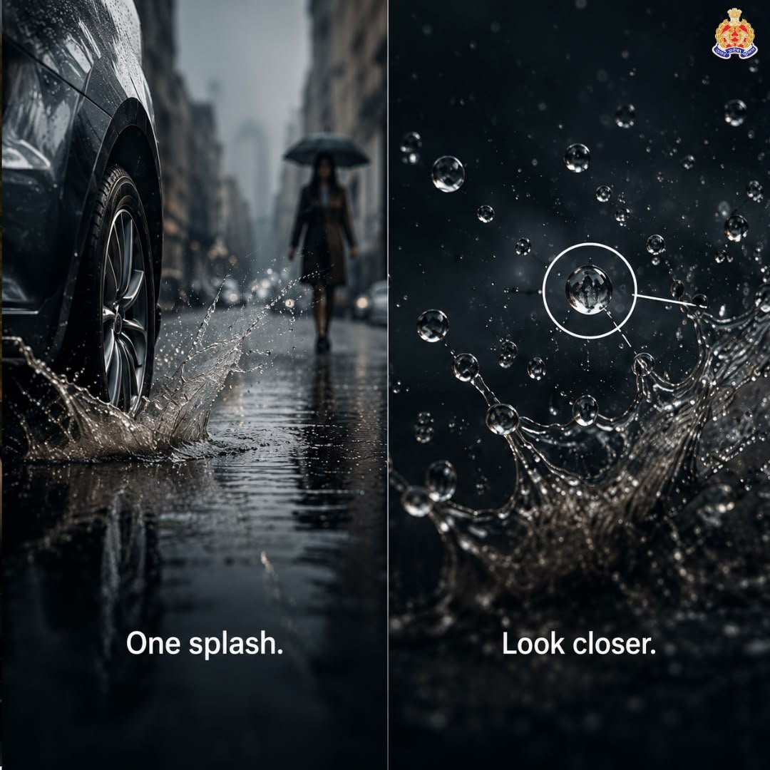 Uppolice's tweet photo. Rain is an act of nature.
A careless splash is a choice.

Drive slower through waterlogged roads and let courtesy travel with you this monsoon.

If you witness a road accident or anyone in need of immediate assistance, dial 112.

#DriveResponsibly #Monsoon #RoadSafety #SafeRoads https://t.co/LrKNWe0Ps4