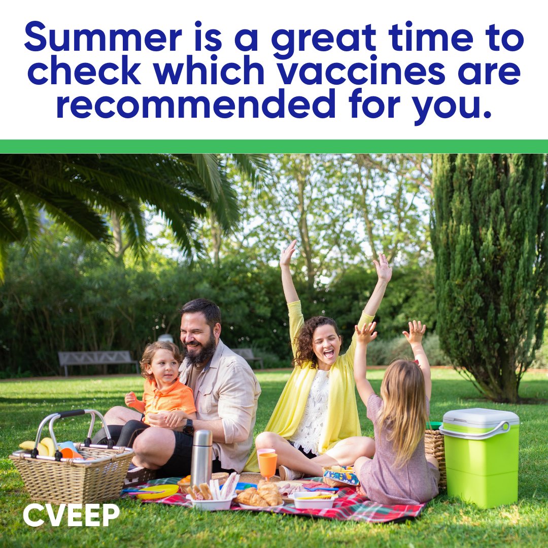 CVEEPSocial's tweet photo. Summer is the perfect time to plan ahead. Check which vaccines are recommended for you and take an important step toward helping protect yourself from severe illness. Learn more at https://t.co/od9YqJvGfY https://t.co/pGJHVdCVFa