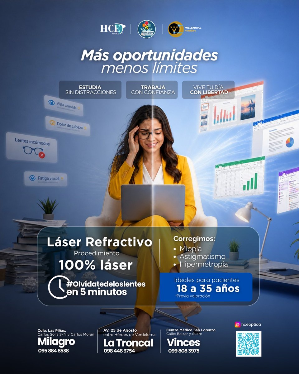 FundamiscHce's tweet photo. 🎓 Tu futuro también se construye con una mejor visión.

El láser refractivo puede ayudarte a corregir miopía, astigmatismo e hipermetropía.

👁️ Ideal para estudiantes y profesionales de 18 a 35 años.

📲 Agenda tu valoración: 095 884 8538

#LáserRefractivo #Miopía #Astigmatismo https://t.co/mRtV4ecg7M