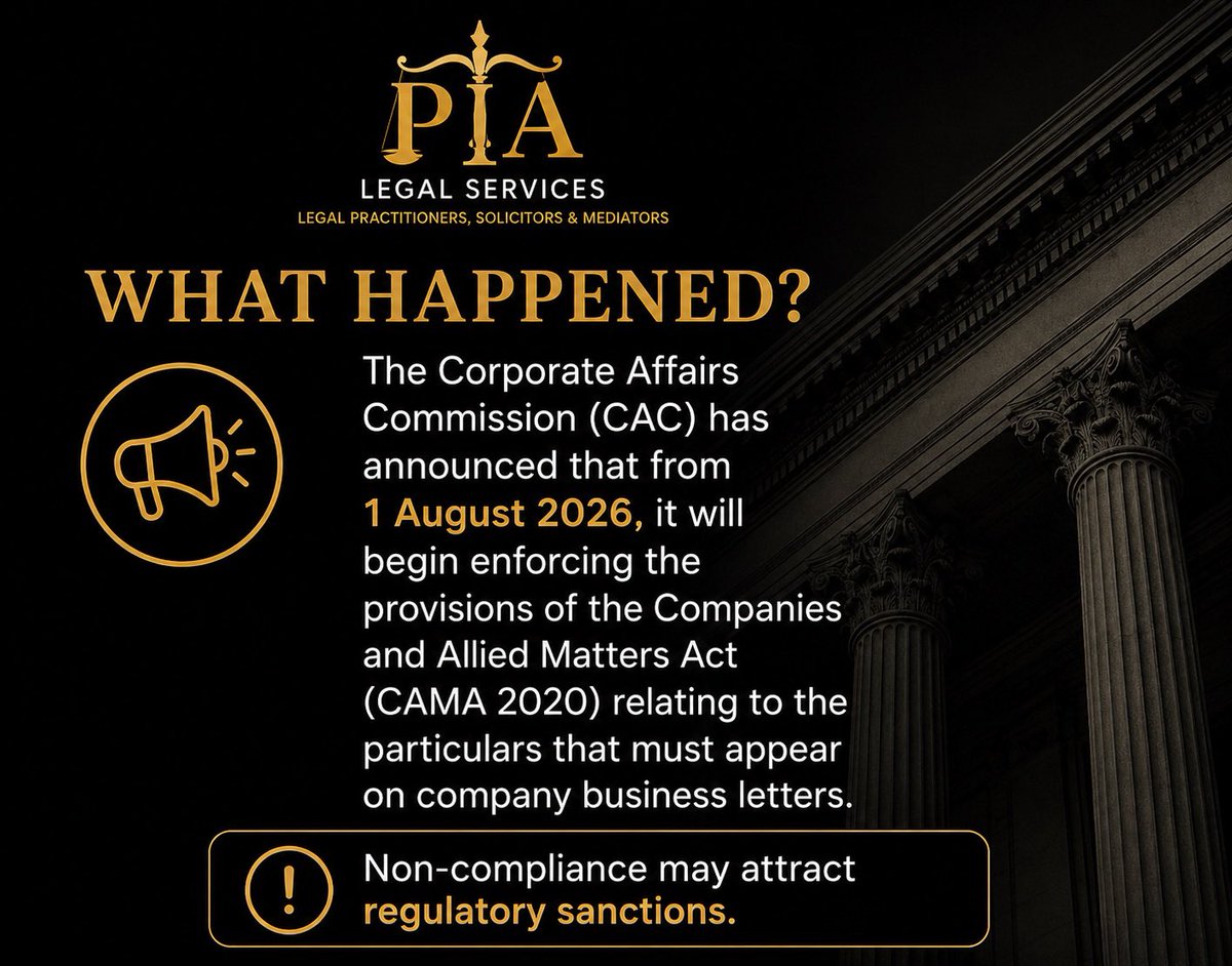 PIALegal_'s tweet photo. CAC Enforcement Begins Soon: Is Your Company Compliant?

The Corporate Affairs Commission (CAC) is set to begin enforcing the statutory requirements relating to the particulars that must appear on company business letters under the Companies and Allied Matters Act (CAMA) 2020. https://t.co/79z4mO8L4z