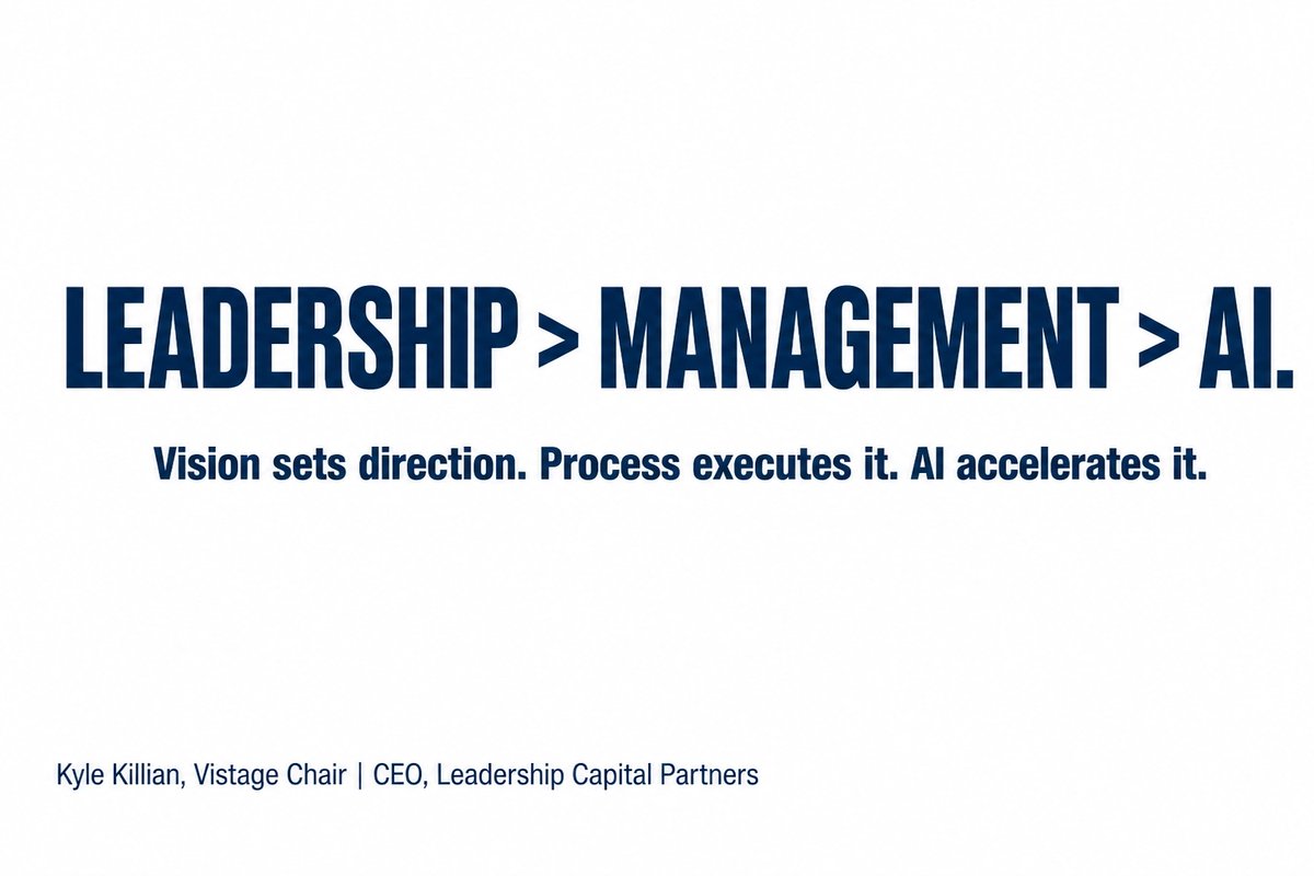 Kylegkillian's tweet photo. Leadership > Management > AI.

Vision sets direction. Process executes it. AI accelerates it. Don't flip the order. Alignment before automation.

What's your take?

#Leadership #Vistage #CEO #CEOPeerGroup

Kyle Killian
Vistage Chair | CEO, Leadership Capital Partners https://t.co/IDp25wDCww