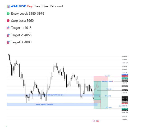 AmeliaGoldfx's tweet photo. 📊 #XAUUSD Buy Plan | Bias: Rebound
🟢 Entry Level: 3980-3976
🛑 Stop Loss: 3960
🎯 Target 1: 4015
🎯 Target 2: 4055
🎯 Target 3: 4089 https://t.co/C5ToZLec4v