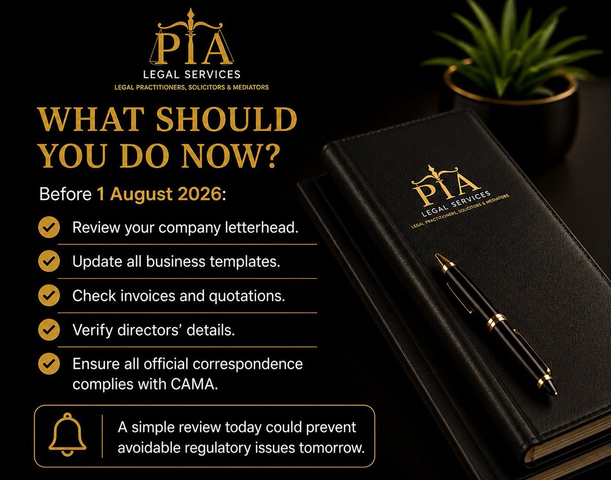 PIALegal_'s tweet photo. Effective 1 August 2026, companies that fail to comply may be exposed to regulatory sanctions. Take a few minutes to review your corporate documents today. 

📩 Contact us to schedule a compliance review.

🌐 https://t.co/UPaGqHYtzV https://t.co/Fcf3RH6Rnd