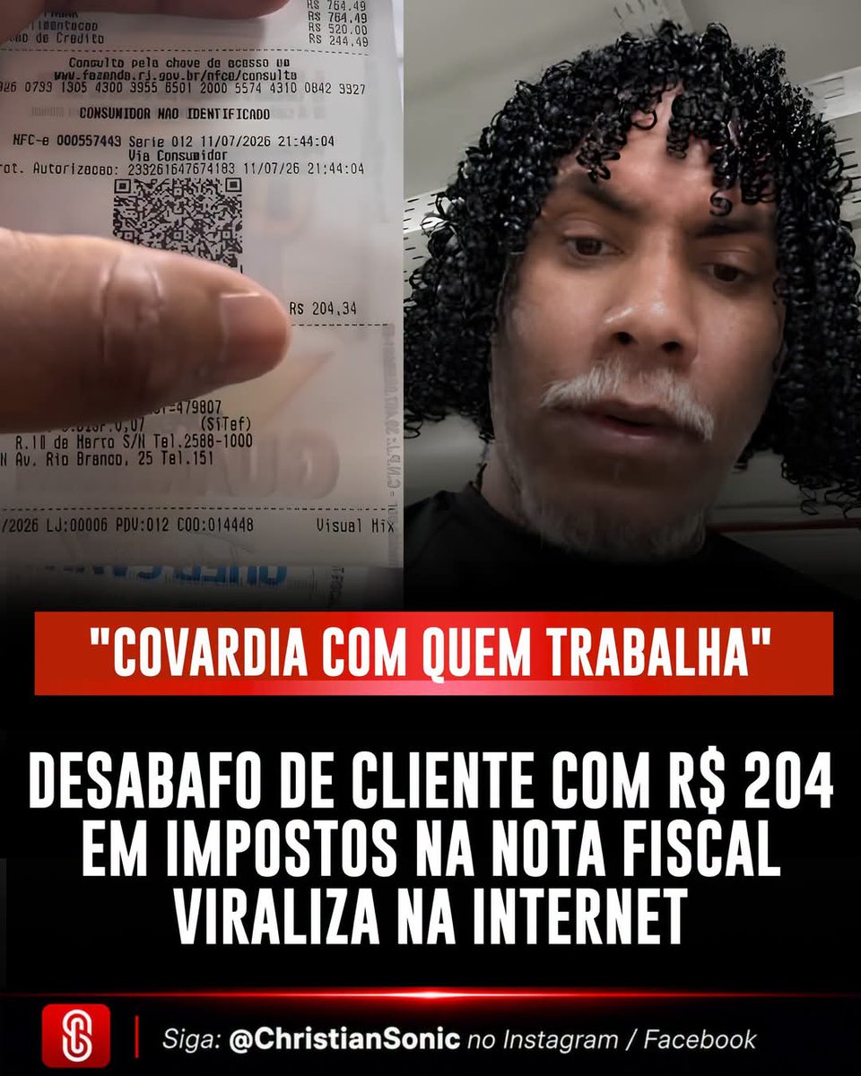 SensoCrtico1's tweet photo. 🛒 O desabafo de um trabalhador ao conferir a nota fiscal de suas compras em um supermercado viralizou nas redes sociais e reacendeu o debate nacional sobre o impacto dos tributos no bolso do consumidor. No vídeo gravado pelo próprio cliente, ele exibe com indignação o detalhamento fiscal da compra, que registrava o valor de R$ 204,34 destinados exclusivamente ao pagamento de impostos embutidos nas mercadorias. O homem classificou a situação como uma "covardia com a gente que trabalha", expressando a frustração de quem precisa arcar com um custo de vida cada vez mais elevado para garantir o básico dentro de casa.

A reação do consumidor reflete um sentimento amplamente compartilhado pela população brasileira em relação à carga tributária sobre o consumo. No Brasil, diferentemente de países que tributam mais a renda e o patrimônio, a maior parte da arrecadação incide diretamente sobre produtos e serviços, incluindo itens essenciais da cesta básica, higiene e limpeza. Esse modelo de tributação indireta acaba pesando proporcionalmente mais no orçamento das famílias de classe média e de baixa renda, reduzindo de forma severa o poder de compra do trabalhador comum.

🚨 A indignação também traz à tona o debate sobre o retorno desses impostos em serviços públicos de qualidade. A crítica comum entre os contribuintes é a sensação de "dupla tributação prática", já que, além de pagarem altas taxas sobre o consumo para financiar o Estado, muitos cidadãos ainda precisam recorrer a serviços privados de saúde, educação e segurança devido às deficiências no atendimento público. O vídeo acabou se tornando um termômetro do descontentamento social com a complexidade e a rigidez do sistema tributário nacional.

🌱 Especialistas em economia apontam que a transparência trazida pela Lei do Imposto na Nota (Lei 12.741/2012), que obriga os estabelecimentos a discriminarem o valor aproximado dos tributos federais, estaduais e municipais, foi fundamental para que o cidadão passasse a ter real dimensão de quanto paga ao governo a cada compra. Iniciativas de conscientização, como o "Dia Sem Imposto", e o andamento das discussões sobre a regulamentação da Reforma Tributária são vistos como passos importantes para tentar simplificar o sistema e, eventualmente, aliviar a pressão sobre os produtos de consumo essencial no futuro.

Fonte
Repercussão em Redes Sociais / Lei do Imposto na Nota (Lei 12.741/12) / Julho de 2026