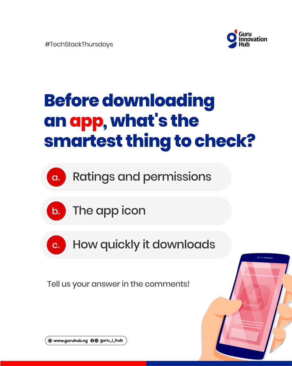 guruhubng's tweet photo. Before you hit "Download"
What do you check first?

A few seconds of checking can protect your privacy, data, and device.

So, what's the smartest thing to check before downloading an app?

Tell us in the comments.
#TechStackThursdays #TechTips #CyberSafety #AppSecurity #GuruInnovationHub