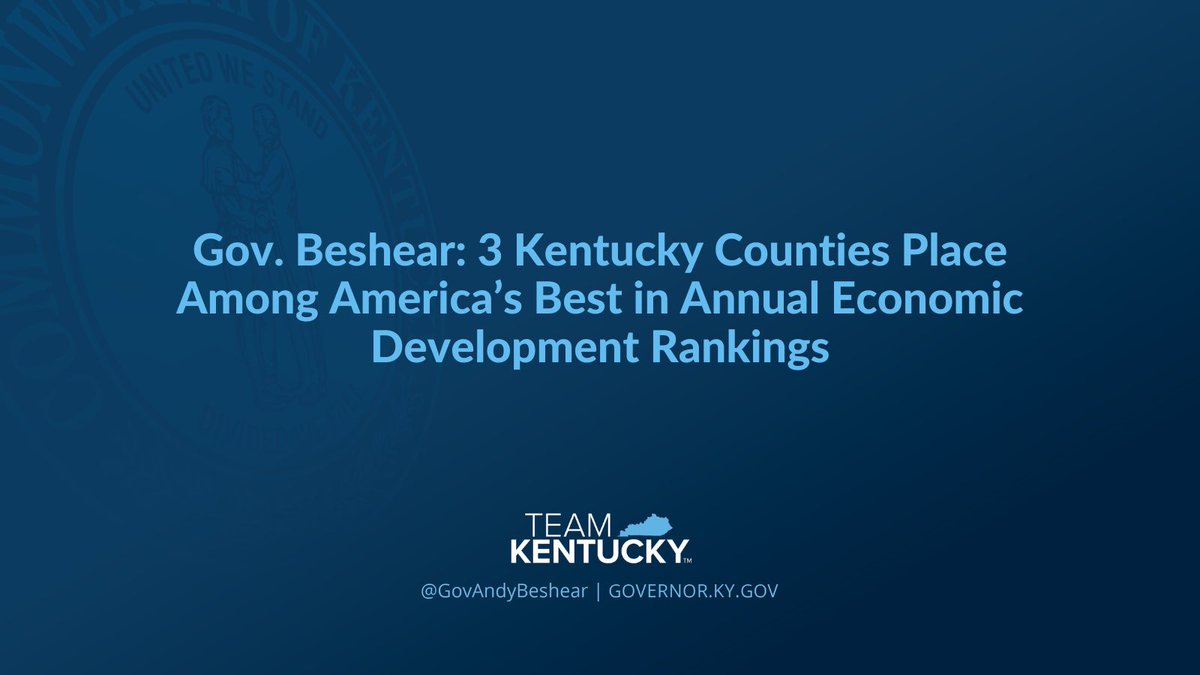 GovAndyBeshear's tweet photo. Gov. Beshear highlighted continued economic success as two Kentucky counties were recognized in the top 20 per capita and one county in the top 20 for total projects in Site Selection’s rankings of America’s Best Counties released this week.
 
Read more: https://t.co/iwK7jkcdUc https://t.co/1aqmO63nC3