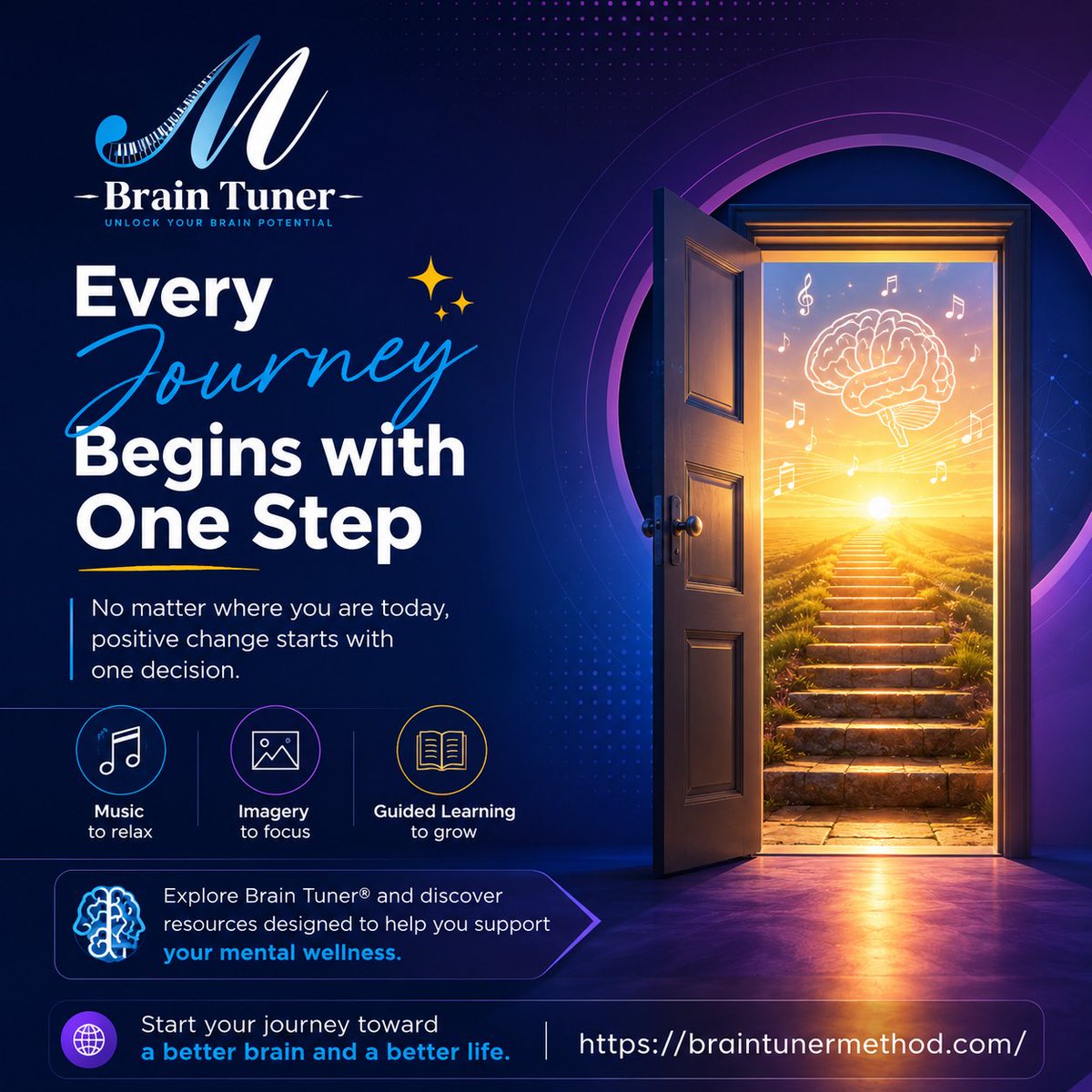 BrainTuneMethod's tweet photo. Every journey starts with one step. ✨

Discover how Brain Tuner® uses music, imagery, and guided learning to support mental wellness and personal growth.

Start your journey today.

🌐 https://t.co/HWr7KTc3ka

#BrainTuner #MentalWellness #BrainHealth #SelfGrowth #Mindfulness https://t.co/yxLk93Xuhg