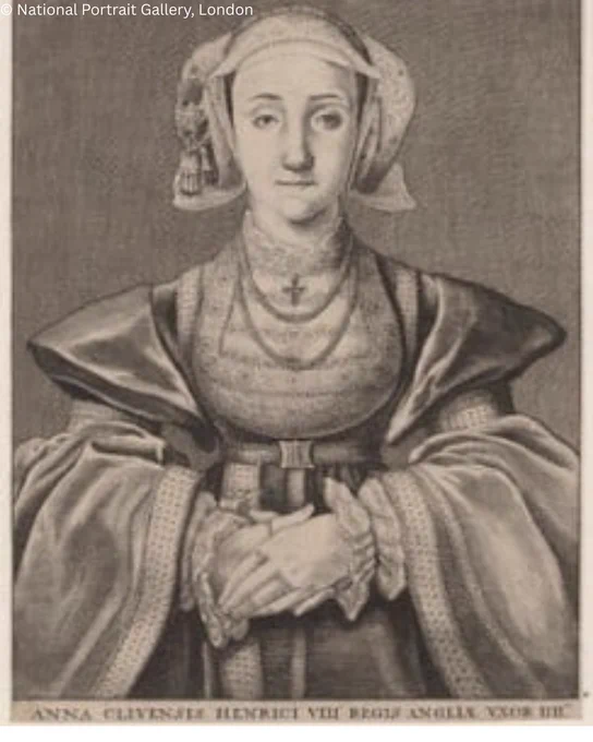 Engraving of a woman in Tudor attire, featuring a detailed headdress and a gown with puffed sleeves. Her hands are clasped in front. The image has a classical engraving texture, with annotations indicating it's from the National Portrait Gallery, London.