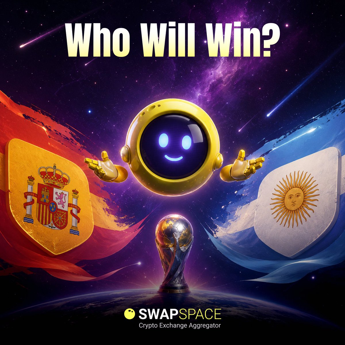 SwapSpaceCo's tweet photo. ⚽️ World Cup Final | Spain vs Argentina 

The biggest match of the tournament is almost here!

🇪🇸 We’re backing Spain but what about you?

Which team are you supporting in the final, and why?

🎁 We’ll reward the 5 most creative replies with 10 USDT each
🏆 Winners announced: July 20

#WorldCup2026