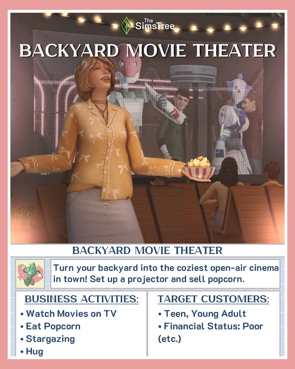 thesimstree's tweet photo. 🌱 Small Business Ideas in The Sims 4 🌱

If you’re looking for something fun and a little different in your save, turning hobbies into small businesses is such a cozy way to play ✨

Here are a few fresh ideas for your save file:
🎬 Backyard Movie Theater
💐 Flower Shop & Florist
🎻 Children’s Violin Tutor

Let your Sims earn simoleons through hobbies and community interactions.

✨ Want even more ideas like this?
Check out our blog at TheSimsTree - perfect for building dynasties and tracking stories.

💬 Save this for your next game session! Which idea did you like the most?