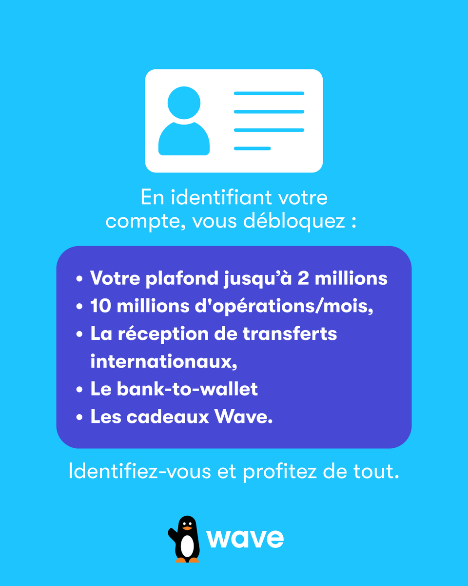 wavemm_mali's tweet photo. Compte Wave, bi bôlô kaban ? 🤔
Sache qu'il peut faire encore plus pour toi ! 💙
Identifie ton compte et débloque l'accès à plus de fonctionnalités : plafond jusqu'à 2 000 000 FCFA et une sécurité renforcée.
Passe chez l'agent le plus proche.
#wavemali #ikawariyitayé https://t.co/yIUfp8yYkP