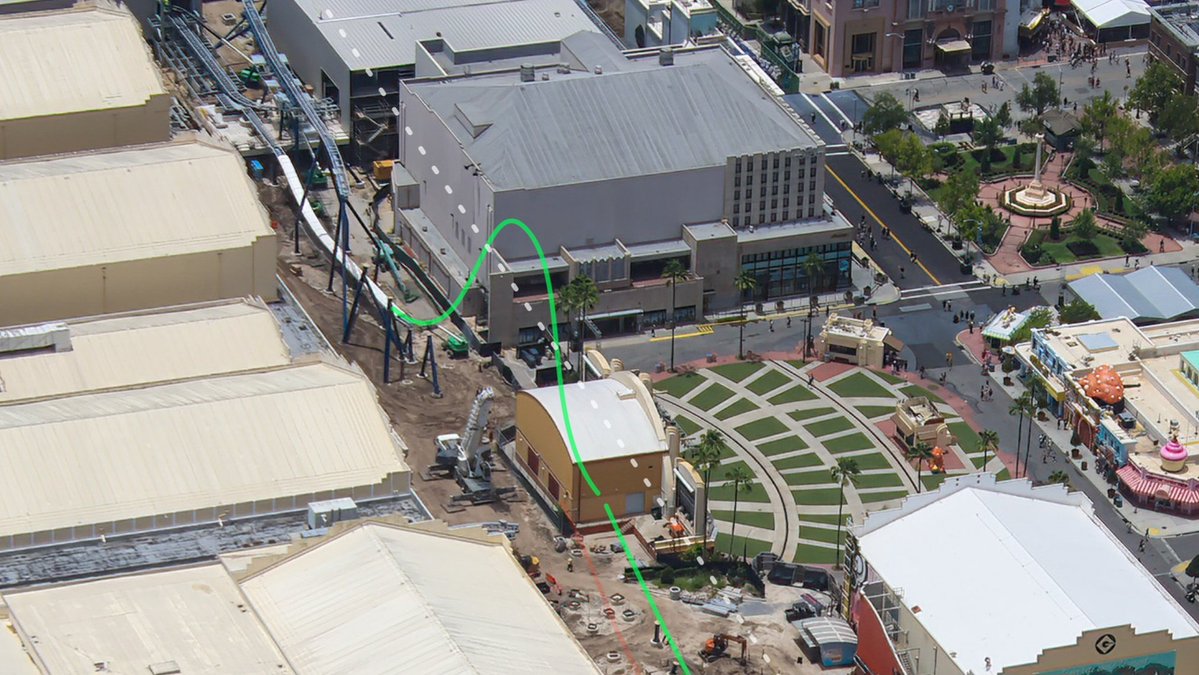 tommyhawkins's tweet photo. This was a first pass at hill height guess from a few days back. It's already twisting at the start of the hill so could be inverted, this sits about equal height to the Spike #FastCoaster https://t.co/W9hPDNRCEP