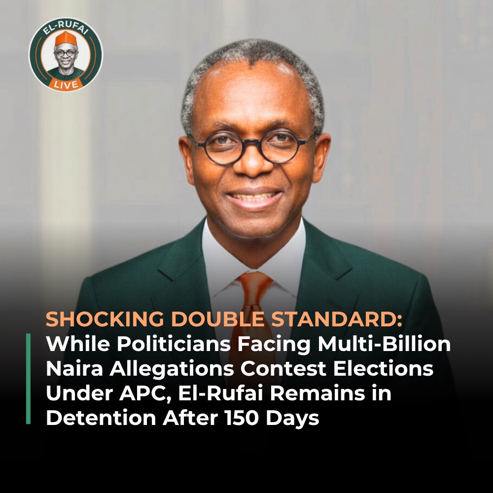 ElRufai_Live's tweet photo. SHOCKING DOUBLE STANDARD: While Politicians Facing Multi-Billion Naira Allegations Contest Elections Under APC, Mallam El-Rufai Remains in Detention After 150 Days

This is no longer just about one man. It is about the credibility of Nigeria’s justice system. Nigerians have watched politicians facing allegations involving billions of naira secure bail, regain their freedom, participate openly in politics, and even emerge as candidates for elective office. Yet Mallam Nasir El-Rufai, who has not been convicted of any offence, remains in detention after 150 days under bail conditions that many observers consider excessively restrictive. The contrast continues to fuel public debate about fairness, consistency, and equal treatment before the law.

The contradiction is difficult to ignore. El-Rufai did not evade the authorities. He voluntarily returned to Nigeria and submitted himself to the legal process. He has appeared before the courts and complied with lawful procedures. Yet, instead of a timely resolution, his case has become a prolonged legal ordeal. Justice delayed is not only justice denied; it also weakens public confidence in the institutions entrusted with upholding the rule of law.

At the same time, Nigerians have seen public figures facing allegations involving far larger sums continue to enjoy their liberty and pursue political ambitions. When justice appears to operate with different standards for different people, citizens naturally begin to ask whether the law is being applied equally or selectively. The rule of law derives its strength from consistency, not convenience.

El-Rufai is widely known for the difficult reforms he pursued as Minister of the Federal Capital Territory and later as Governor of Kaduna State. Throughout his public service, he earned a reputation for confronting entrenched interests and making decisions that were often politically costly. Whether one agreed with every policy or not, few would deny that he governed with conviction rather than convenience. Today, many of his supporters believe those same qualities have made him a target of political persecution.

The consequences of this prolonged detention extend beyond one individual. Every additional day without a clear resolution raises deeper concerns about due process, judicial independence, and the future of democratic opposition in Nigeria. If legal processes are perceived as instruments for weakening political opponents rather than impartial mechanisms for determining guilt or innocence, public trust in the justice system inevitably suffers. That is a loss no democracy can afford.

History has shown that persecution often produces the opposite of its intended effect. Instead of silencing conviction, it strengthens solidarity. Instead of weakening a movement, it inspires more citizens to ask difficult questions and demand accountability from those in positions of authority. Across Nigeria and beyond, more voices continue to call for fairness, constitutionalism, and equal justice under the law.

Our position remains unchanged. If there is credible evidence against Mallam Nasir El-Rufai, let it be presented openly before a competent court and determined without delay. If not, then justice demands that this prolonged ordeal should come to an end. The law must never become an instrument of punishment before conviction, nor should constitutional rights depend on political affiliation.

We will not back down. We will not be intimidated. We will continue to stand for justice, due process, and the constitutional rights of every Nigerian.

The Movement is Rising.

#FreeElRufai
#JusticeForAll
#TheMovementIsRising

@elrufai @Hassan_Rilwan @_Bils @SafeeyanM @mareeyama @ishakaa @Aashfinn2 @Aashfinn @B_ELRUFAI @dadeen @AM_Saleeeem @DokunOjomo @underworld_09 @MusaUngogo_ @ADCVanguard_ @Abdool85 @muktarbaloni @ADCNig @Mod33333 @JafaruSani01 @Aadamxy @Bashir_GS @KHALYD16 @Pharmacio001 @HAHayatu @BashirElRufai @uchediala @HafizBayero @Zayyad_Tsiga