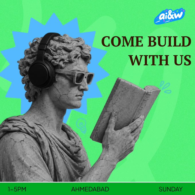 akshit_mokani's tweet photo. AI Weekends Ahmedabad - Episode 2.

Last time I came to network.
This time I want to build.

Looking for someone who's good with AI tools, loves shipping ideas, and doesn't mind brainstorming with a stranger for a few hours.

If you're coming this Sunday, let's connect and build something together 🤝

REGISTER NOW 👇
🔗 https://t.co/fbf0VcarMN 

P.S. Seats are limited, so don't wait until the last minute to register 😉

See you at @aiweekendsxyz  🤝