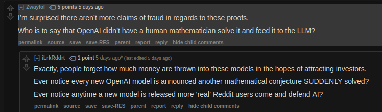 mgostIH's tweet photo. There's reddit users on r/math that think openai is secretely hiring mathematicians to prove open conjectures, passing them off as if chatgpt solved them https://t.co/0Y3xgiOLVK