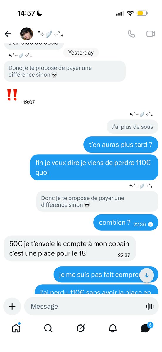 jngwniewon's tweet photo. je lui ai envoyé 110€ y a plus d’un mois (début juin) pour une place du concert du 17 juillet, j’ai jamais reçu la place et j’arrive pas à récupérer mon argent. je te demande de rendre l’argent, faites attention à ce compte @/armysoul4eva
 #BTS_ARİRANG #BTS_PARIS #ARMY https://t.co/j1WF8sRY5z