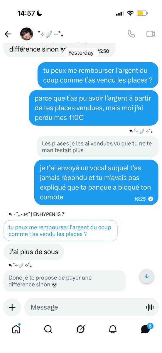 jngwniewon's tweet photo. je lui ai envoyé 110€ y a plus d’un mois (début juin) pour une place du concert du 17 juillet, j’ai jamais reçu la place et j’arrive pas à récupérer mon argent. je te demande de rendre l’argent, faites attention à ce compte @/armysoul4eva
 #BTS_ARİRANG #BTS_PARIS #ARMY https://t.co/j1WF8sRY5z