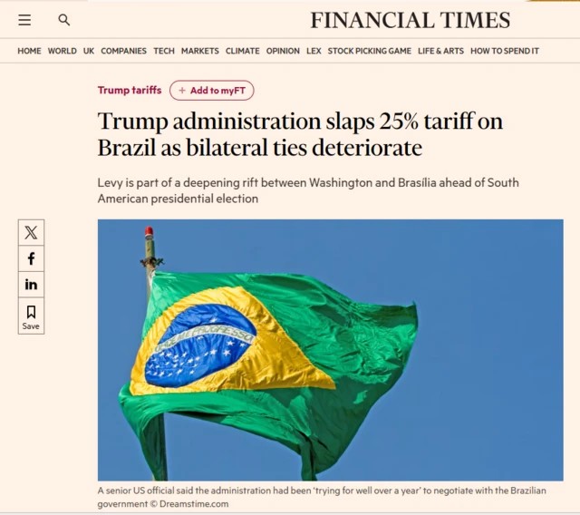 g1's tweet photo. 'Golpe comercial às vésperas da campanha eleitoral': veja como a imprensa mundial repercutiu tarifaço de Trump contra o Brasil https://t.co/GsuNoGHRQ4 https://t.co/mAUwsYJJEJ