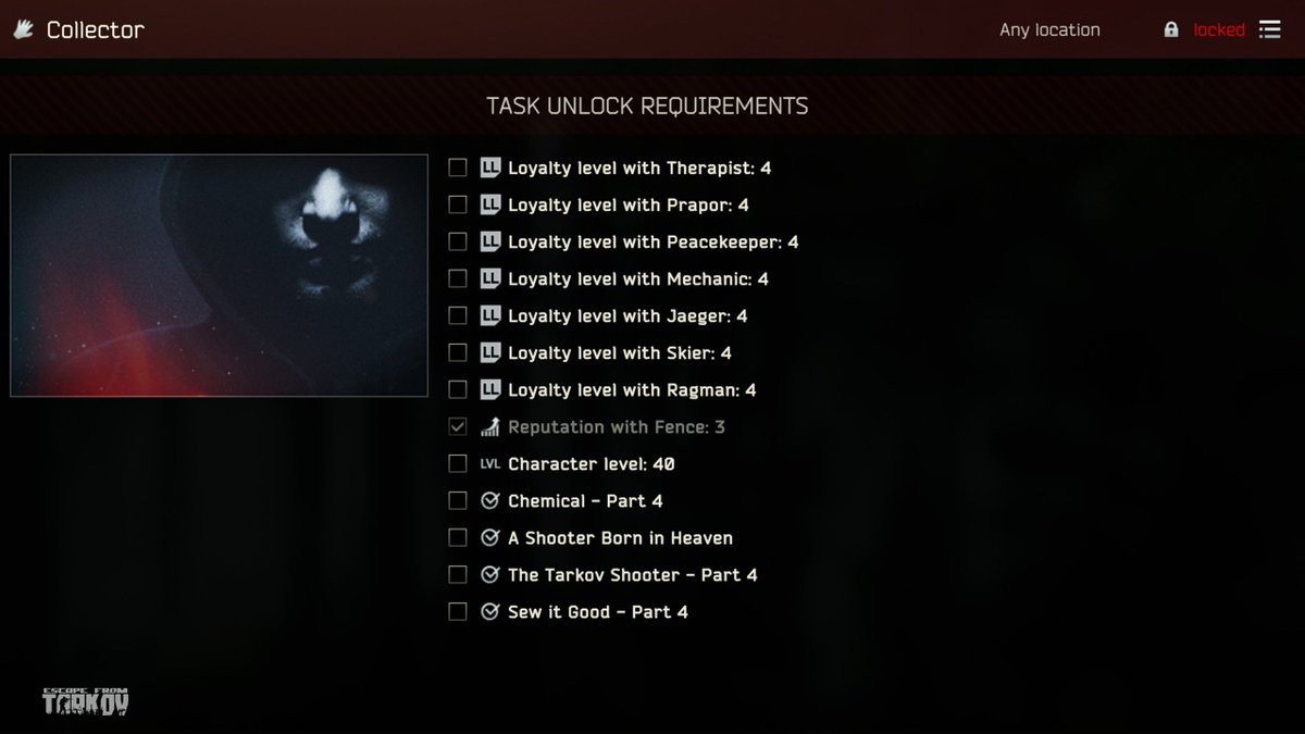 tarkov's tweet photo. In addition to the seasonal system, update 1.1.0.0 will include a wide range of other changes. One such change is a task system rework for every game mode. As part of it, the requirements for unlocking the “Collector” task will be revised.

Many side tasks will be removed from the list of requirements, leaving only a few, such as "A Shooter Born In Heaven." In exchange, one of the new requirements will be achieving LL4 with all traders and a separate Fence reputation threshold.

Obtaining the “Kappa” secure container under the new requirements will grant a new achievement. The unique "Kappa Path" achievement will no longer be obtainable once the first season begins.

As a reminder, update 1.1.0.0 is scheduled for release before the end of July. If you're already close to earning your first “Kappa”, you still have time to finish it before the changes go live!

#EscapefromTarkov