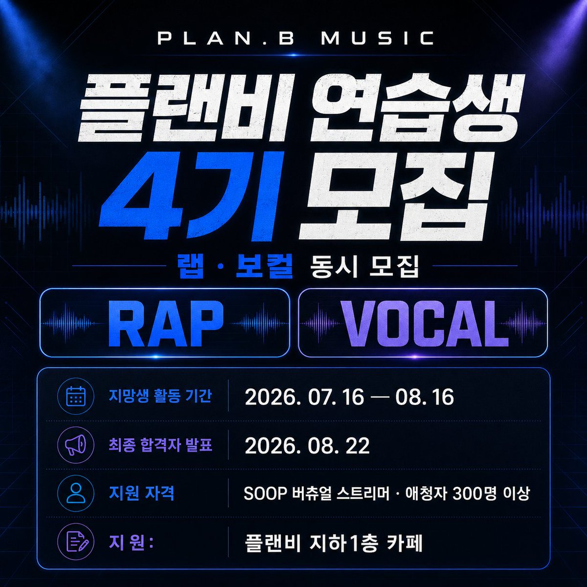 Plan_B_music's tweet photo. 플랜비 연습생 4기생으로 활동하실 스트리머 분들을 모집합니다! 

지원전형: (1)랩,(2)보컬 
모집인원: 제한없음 
모집기간: 7월 16일 ~ 8월 16일 
합격발표: 8월 22일  

자세한 사항은 전체 공지 내용을 확인해주세요! https://t.co/Nsce13T7Ls

 감사합니다 https://t.co/APiIAYMP3n