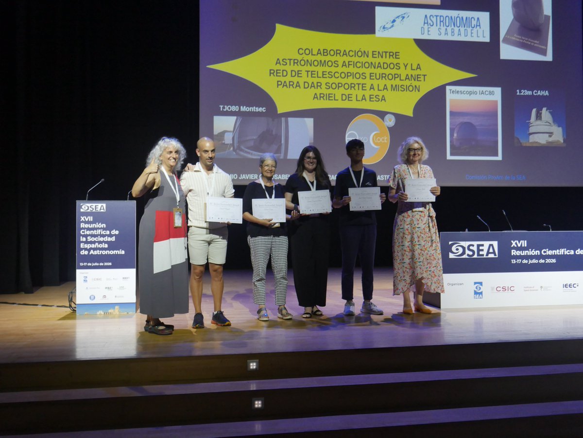 SEA_astronomia's tweet photo. El IV Premio Gorosabel #ProAm se concede a la colaboración ¨Astrónomos amateur y red de telescopio Europlanet como soporte de la misión ARIEL de la ESA¨

Recogen el premio: Mercè Correa,  Florence Libotte, Joan Miquel González y Gemma Domènech

#RCSEA2026 https://t.co/JGnilVGyoX