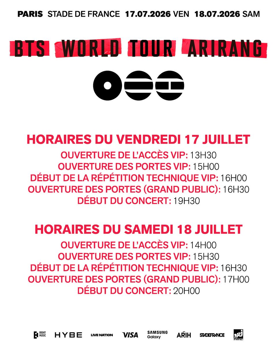 TicketmasterFR's tweet photo. Anticipez votre venue au stade ! Voici les horaires des concerts de BTS au @StadeFrance @LivenationFR https://t.co/SlWjBF3bdp