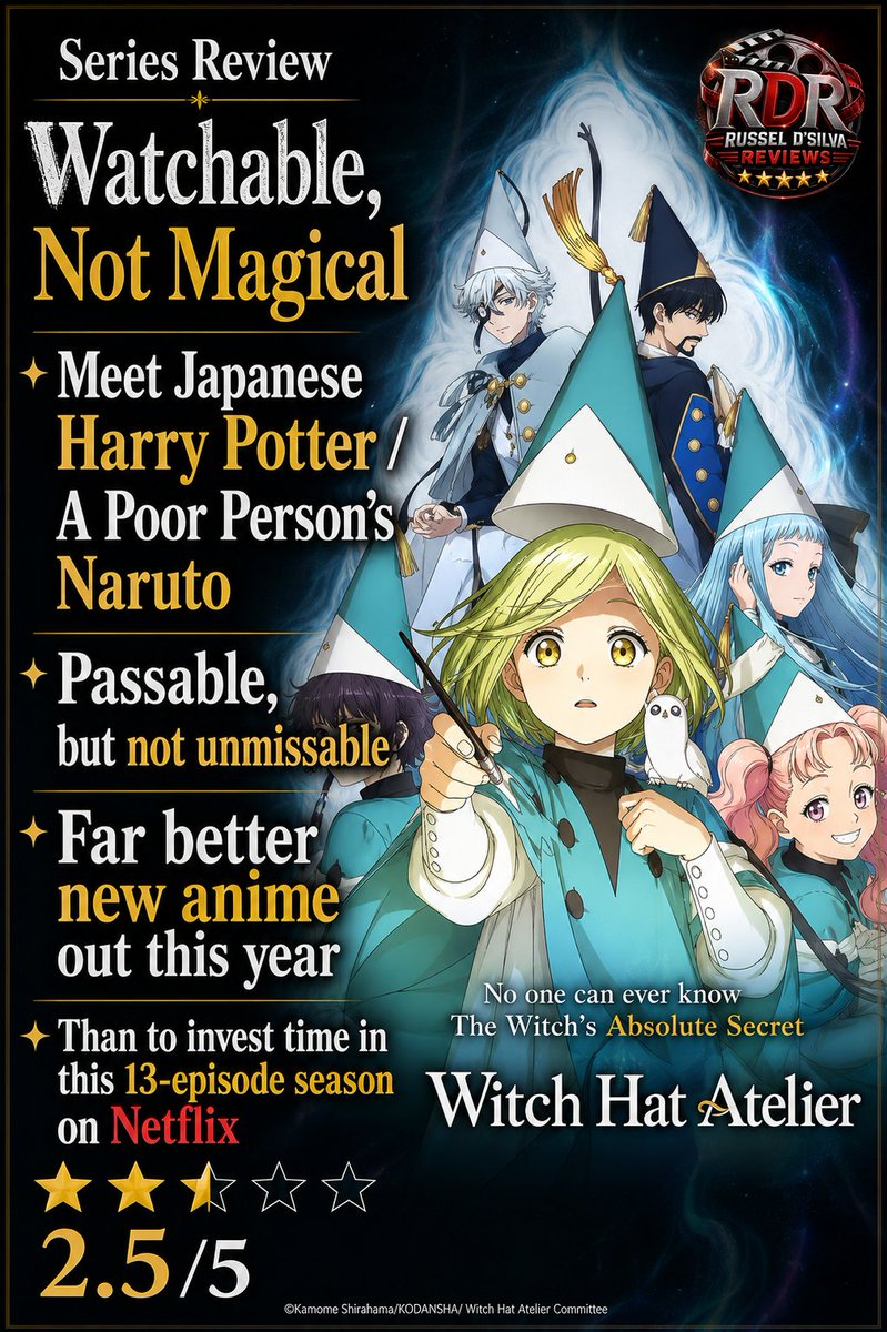Russel_Olaf's tweet photo. My review of #Netflix's new #AnimeSeries, #WitchHatAtelier
⭐⭐.5/5
Follow @russeldsilvareviews on instagram for all the latest movie / series news and updates
.
.
#NewShow #NewSeries #SeriesReview #AnimeLover #AnimeEdit #AnimeFans https://t.co/nEjCGISM0L