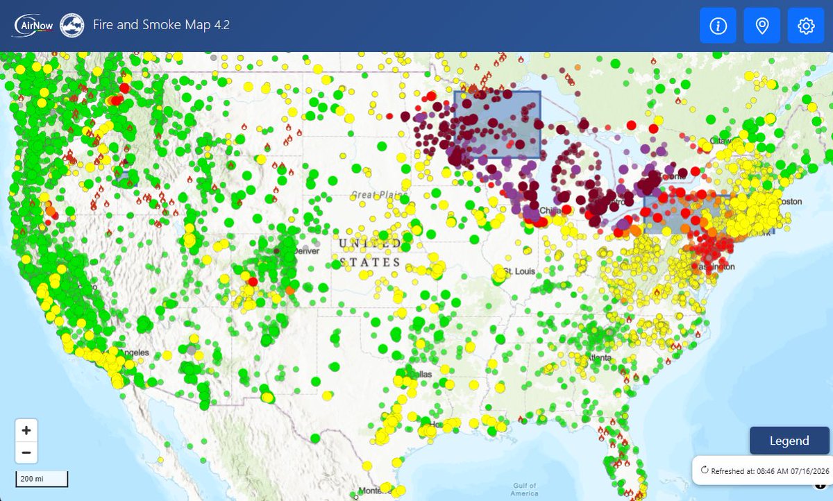 EPA's tweet photo. 🚨 Wildfire smoke is impacting large portions of the United States today, particularly the Great Lakes and Northeast regions.

Stay updated with AirNow’s Fire and Smoke Map, created in partnership with @ForestService, to find your local air quality and steps to keep you and your community protected. Smoke levels can change rapidly during the day, so check https://t.co/1POwUuH2WC often.