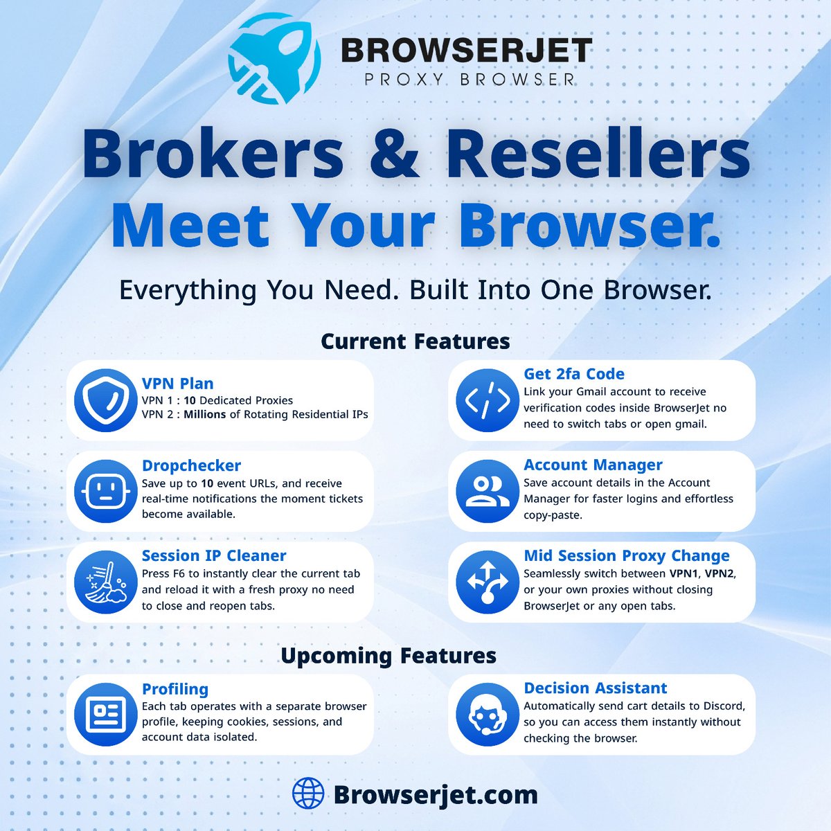 BrowserJet's tweet photo. Stop juggling multiple tools.

With BrowserJet, you get:
✅ Dedicated &amp; Rotating Residential Proxies
✅ Built-in 2FA Code Access
✅ Account Manager
✅ Dropchecker
✅ Session IP Cleaner
✅ Mid-Session Proxy Switching
https://t.co/FlcoRam8BO

#BrowserJet #Proxy #Browser #Reseller https://t.co/tqgGo2ldtq