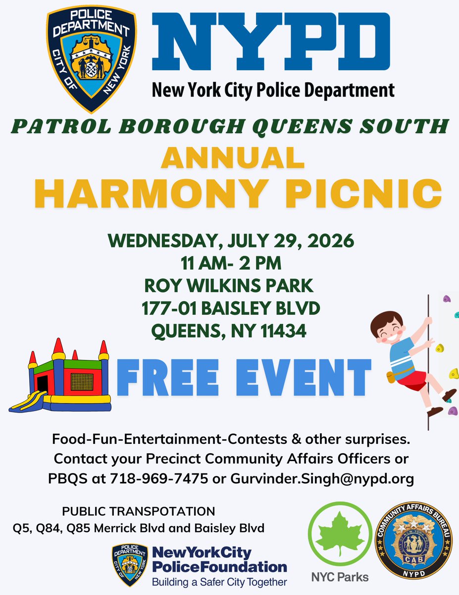 NYPD103Pct's tweet photo. Come join patrol Borough of Queens South for our annual Harmony Picnic. Bring the kids there’s a good time for all. https://t.co/1oHSjFSxd2