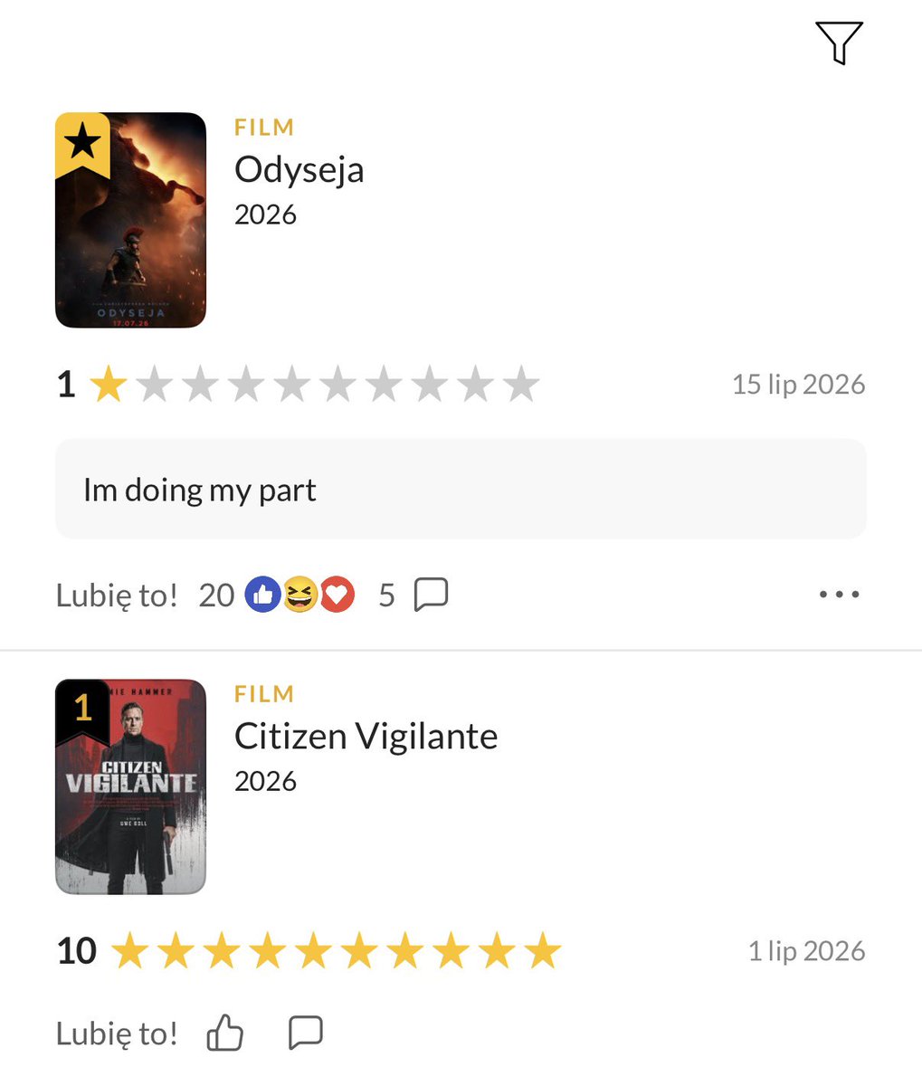 Pazusek's tweet photo. jestem z Tel Aviwu, a to moje ostatnie oceny na filmwebie (najwyższym poziomem aktywności obywatelskiej polaka jest review bombing na portalu xddd) https://t.co/jFA97G6fHP