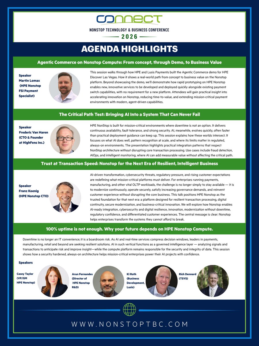 Connect2NonStop's tweet photo. The Nonstop TBC 2026 lineup keeps growing! Sessions on AI, modernization, cybersecurity &amp; mission-critical resilience from HPE experts. Early Bird pricing ends Aug 24. Register: https://t.co/aBHD6K1MiH
#NonstopTBC #HPENonstop #AI #MissionCritical #CyberSecurity, #ITLeadership https://t.co/0lDmrGtwUX