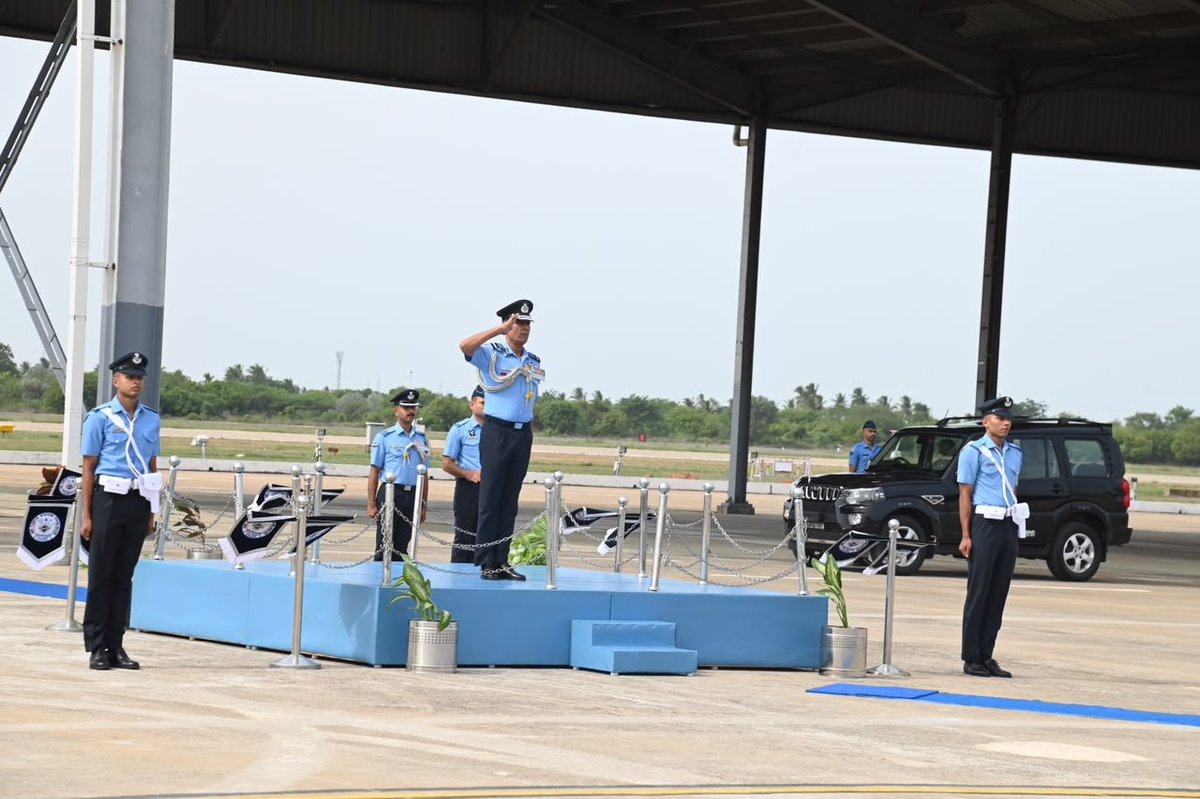 IafSac's tweet photo. Air Marshal Jasvir Singh Mann, AVSM, VM, Air Officer Commanding-in-Chief, Southern Air Command, visited Air Force Station Thanjavur on 15 and 16 Jul 26. The Air Marshal was presented with a Ceremonial Guard of Honour on arrival. During the tour of his visit, he was briefed on various activities of the station and reviewed operational preparedness by visiting its  operational units. As part of his visit, the AOC-in-C also undertook a maritime mission sortie in Su-30 aircraft towards operational synergy with Indian Navy. He interacted with all Air Warriors of the Station and stressed upon the need for realistic training, meticulous upkeep of all equipment and optimal utilisation of resources. In his address, he exhorted all personnel to continue striving for excellence while maintaining the highest standard of safety, discipline and mission preparedness in IOR.