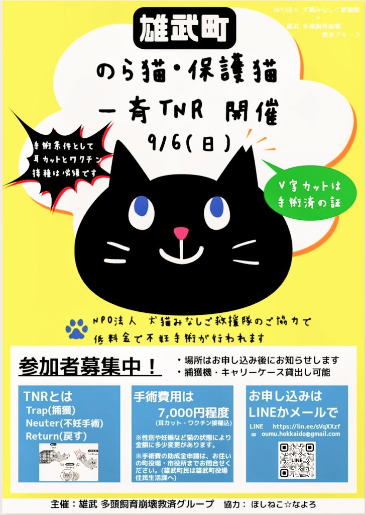 きたる9月6日(日)、地域猫の一斉TNR(不妊手術会)を雄武町内の会場で