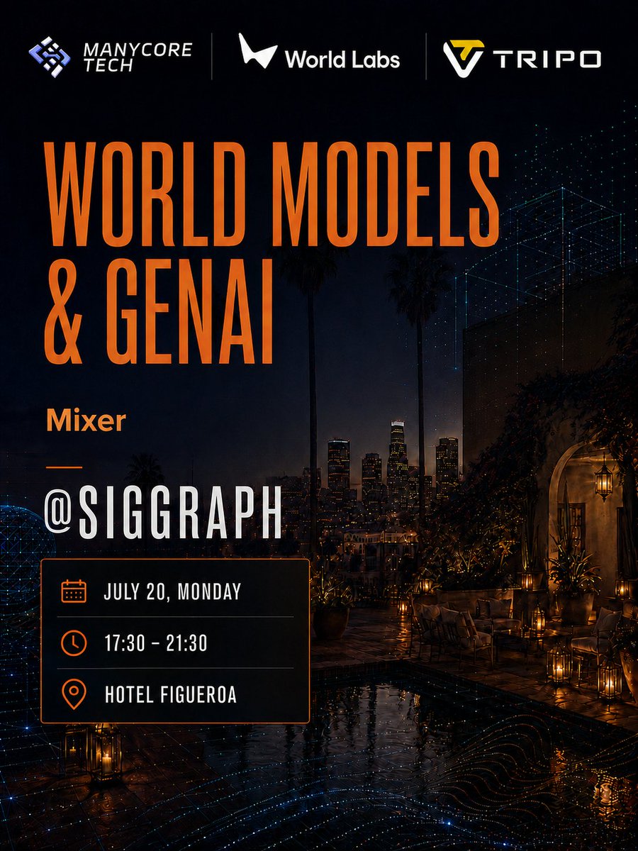 ManycoreTech's tweet photo. World models are taking AI beyond pixels—and into the 3D world. 🌐

During #SIGGRAPH2026, @theworldlabs and @ManycoreTech are teaming up with @tripoai for the World Models & GenAI Mixer, presented by @SensAIHackademy.

We’re bringing together researchers, builders, studios, and creators exploring how world models, spatial intelligence, and Physical AI are reshaping the way machines understand—and interact with—the physical world.

What’s happening:
⚡ A panel with World Labs, Manycore Tech & Tripo AI
☁️ Live demos across world models, 3D GenAI, 3DGS & real-time creative workflows
🍸 Cocktails, dinner bites & plenty of time to connect

Where to find us:
🗓 July 20 | 17:30–21:30 (GMT−7)
📍 Hotel Figueroa, Los Angeles

Working on world models, Physical AI, generative 3D, VFX, virtual production, or spatial computing? Come meet others building at this frontier.

Attendance is curated and registration is subject to approval.

Request to join ↓
https://t.co/qzvCqFXrLu

#WorldModels #PhysicalAI #3DGenAI