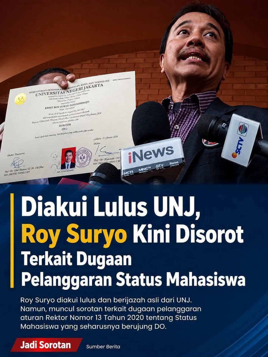 tham878's tweet photo. Biar adil, pake standar yg sama seperti mrk bicara ijazah Pak Jokowi. 😄

-Sudah dengar Rektor UNJ menyatakan ijazah S3 Roy Panci asli? Belum.

-Sudah ada putusan pengadilan atau hasil uji labfor yg menyatakan ijazah S3 dia asli? Belum juga.

-Lulus Januari 2024, kok PDF ijazah & disertasinya baru muncul Juli 2026?

-Sudah ada yg melihat disertasi lengkap dgn tanda tangan pembimbing & para penguji?

-Sudah ada bukti pembayaran UKT/SPP setiap semester?

-Sudah ada KHS & transkrip nilai?

-Sudah ada foto wisuda atau dokumentasi resmi saat wisuda?

-Sudah ada teman seangkatan yg menunjukkan ijazah pembanding?

-Sudah ada uji font, hologram, watermark, jenis kertas, tinta dll?

-Sudah ada buku atau jurnal ilmiah yg meneliti ijazahnya?

Tenang, ini bukan menuduh apa pun. Hanya menerapkan standar pertanyaan yang dulu sering diajukan kepada Presiden ke-7 Pak Jokowi. Klo standarnya sama, pertanyaannya pun seharusnya sama. Jangan berbeda hanya karena orangnya berbeda.😁