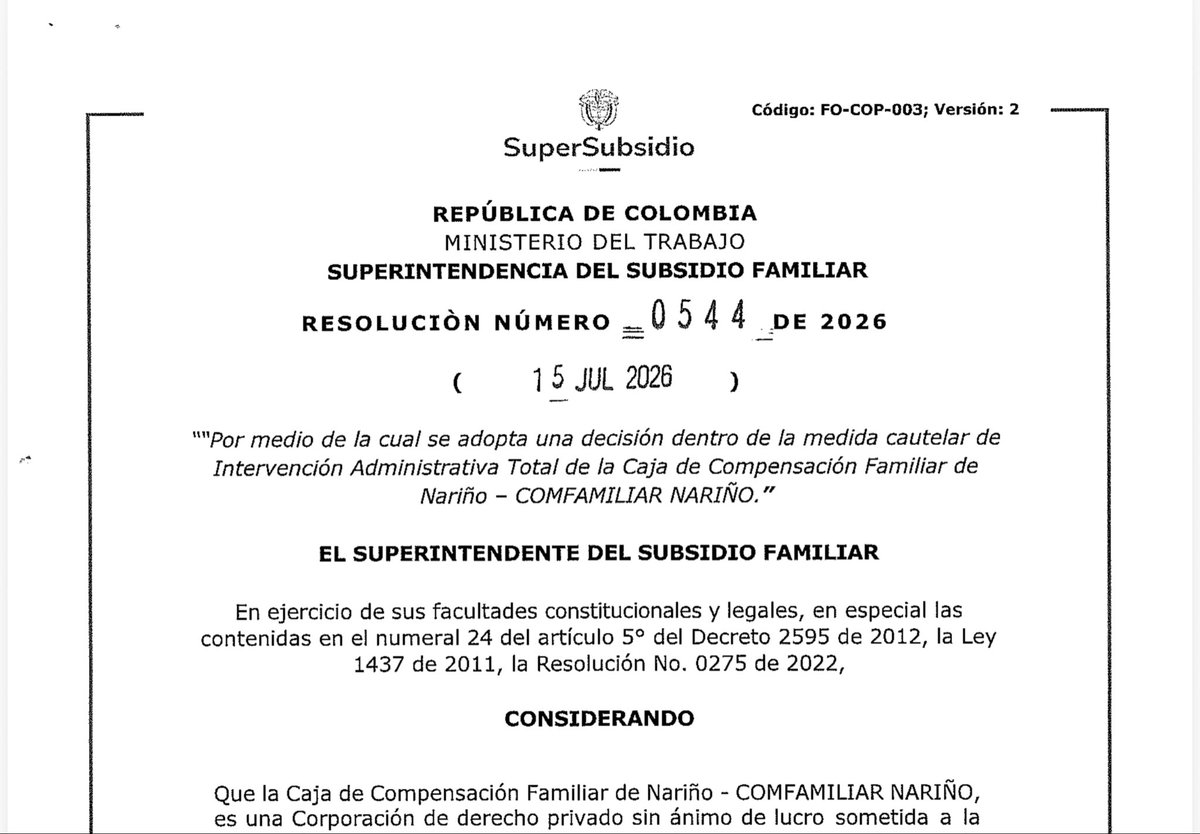 ff_abogados's tweet photo. 🚨 #COMFAMILIAR DE NARIÑO ¡VUELVE Y JUEGA!
Mediante la Resolución Número 0544 de 2026 (15 JUL 2026) de la Superintendencia del Subsidio Familiar, se adopta una nueva decisión dentro de la medida cautelar de Intervención Administrativa Total:
❌ Se separa del cargo al actual Director Administrativo Principal, señor DIEGO RAÚL BLANCO PÉREZ (C.C. 10.934.183).
✅ Se designa en su lugar al señor JUAN CARLOS VILLOTA TORO (C.C. 12.992.914) como Director Administrativo de la Caja de Compensación Familiar de Nariño – COMFAMILIAR NARIÑO.
Otra vez cambios en la dirección mientras la intervención sigue… los politiqueros haciendo la de los politiqueros.
Estaremos atentos y firmes luchando por la defensa de nuestra Caja. ¡Comfamiliar le pertenece a los trabajadores, empresarios y familias nariñenses!
SEGUIMOS LUCHANDO !!!
#FIRMES #AVANZAMOS
@ABDELAESPRIELLA @paulocesarpaz