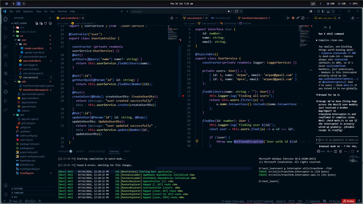 arpan7sarkar's tweet photo. Day 294/365 #365DaysOfCode 💻
Coded 7 hrs today 🔥

From 0 knowledge to building basic CRUD with NestJS in one day.

Understood core concepts:

Controllers → Handle incoming requests

Decorators → Special functions like @Get(), @Post()
DTO → Data Transfer Objects (for validation & type safety)
Exception Handling → Proper error management
Interceptors → Modify request/response
Pipes → Data validation & transformation