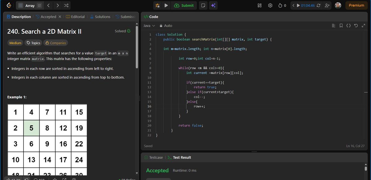 Ankitdotdev's tweet photo. Day 190/365 of the DSA grind! Deques, Matrices, & Math: 
• Sliding Window Maximum (Hard): Used a Monotonic Deque to keep track of the maximums in O(N) time by constantly popping smaller/older elements! 
• Search a 2D Matrix II: Started at the top-right corner to elegantly navigate the sorted rows and columns in O(M+N) time! 
• Missing Number: Skipped sorting and used Gauss's formula n*(n+1)/2 to find the missing number via simple arithmetic.

#DSA #Java #100DaysOfCode #LeetCode #Algorithms