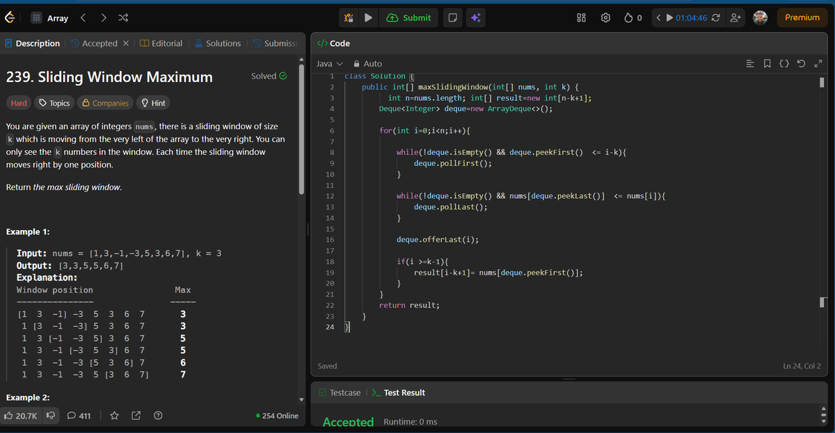 Ankitdotdev's tweet photo. Day 190/365 of the DSA grind! Deques, Matrices, & Math: 
• Sliding Window Maximum (Hard): Used a Monotonic Deque to keep track of the maximums in O(N) time by constantly popping smaller/older elements! 
• Search a 2D Matrix II: Started at the top-right corner to elegantly navigate the sorted rows and columns in O(M+N) time! 
• Missing Number: Skipped sorting and used Gauss's formula n*(n+1)/2 to find the missing number via simple arithmetic.

#DSA #Java #100DaysOfCode #LeetCode #Algorithms