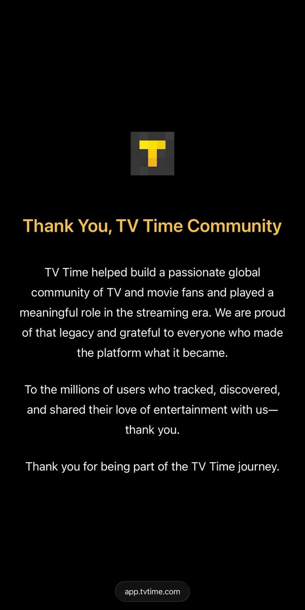 Anfaleidan's tweet photo. I never thought I’d be saying goodbye like this! years of memories and all the episodes i watched are just gone.
I didn’t even get the chance to export my data! thank you for all the memories TV Time :( https://t.co/uCoVn3BD8R