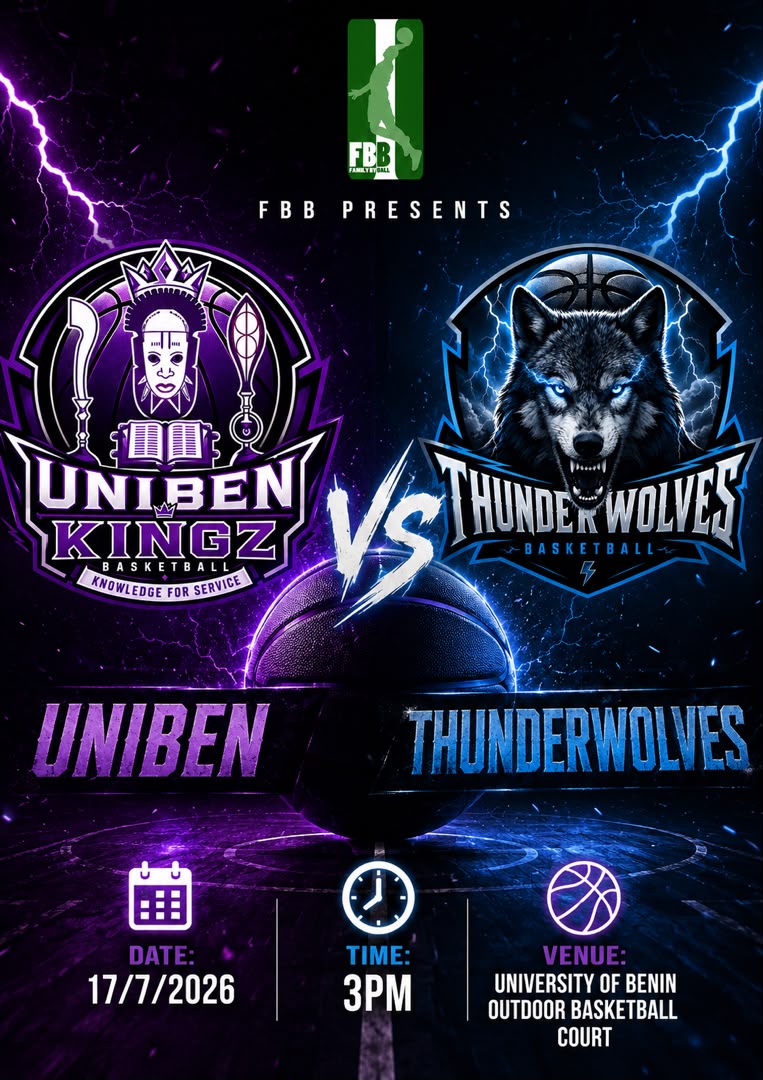 FamilybyBallNg's tweet photo. Kings vs Wolves. 
Royalty vs Wild. 
Friday is about to be electric

UNIBEN KINGZ vs THUNDERWOLVES 
| 17/7/2026 | 3PM | UNIBEN Outdoor Court

Who you got? 🔥

#Uniben
#UnibenStudents
#Ugbowo
#Thunderwolves #FBBBasketball #benin #benincity #basketball #nigeria #friendlymatch https://t.co/ZtWc7GIC37