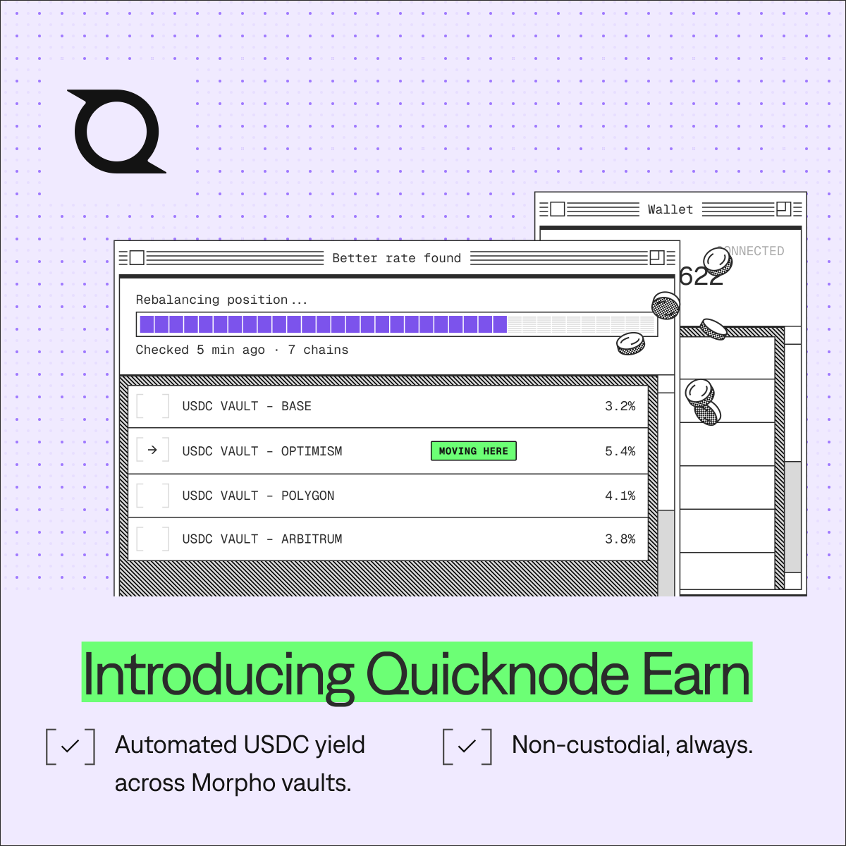 Quicknode's tweet photo. Your USDC is earning yesterday's rate.

Introducing Quicknode Earn: a non-custodial yield optimizer that moves your USDC into the top-paying Morpho vaults across 7 chains, automatically.

Your keys, always. 🧵 https://t.co/NYTsKImsGD