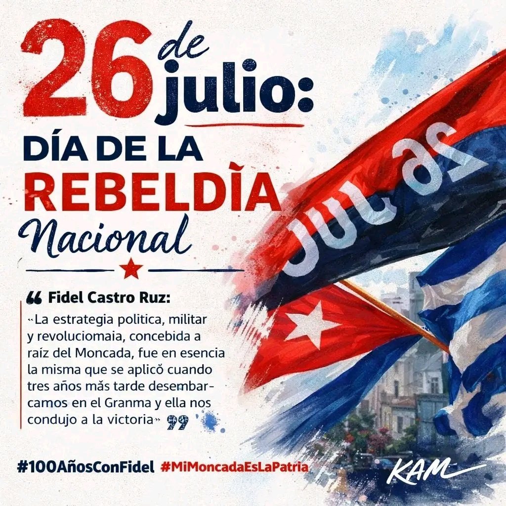 AbelSan95's tweet photo. Día de la Rebeldía Nacional.
El espíritu del Moncada sigue encendido: firme, cubano, nuestro.
Cada palma, cada loma y cada barrio llevan la marca de un pueblo que no se rinde.
Holguín late fuerte. Cuba avanza.
🇨🇺 #26DeJulio #100AñosConFidel #MiMoncadaEsLaPatria https://t.co/CcaHxt0xUX