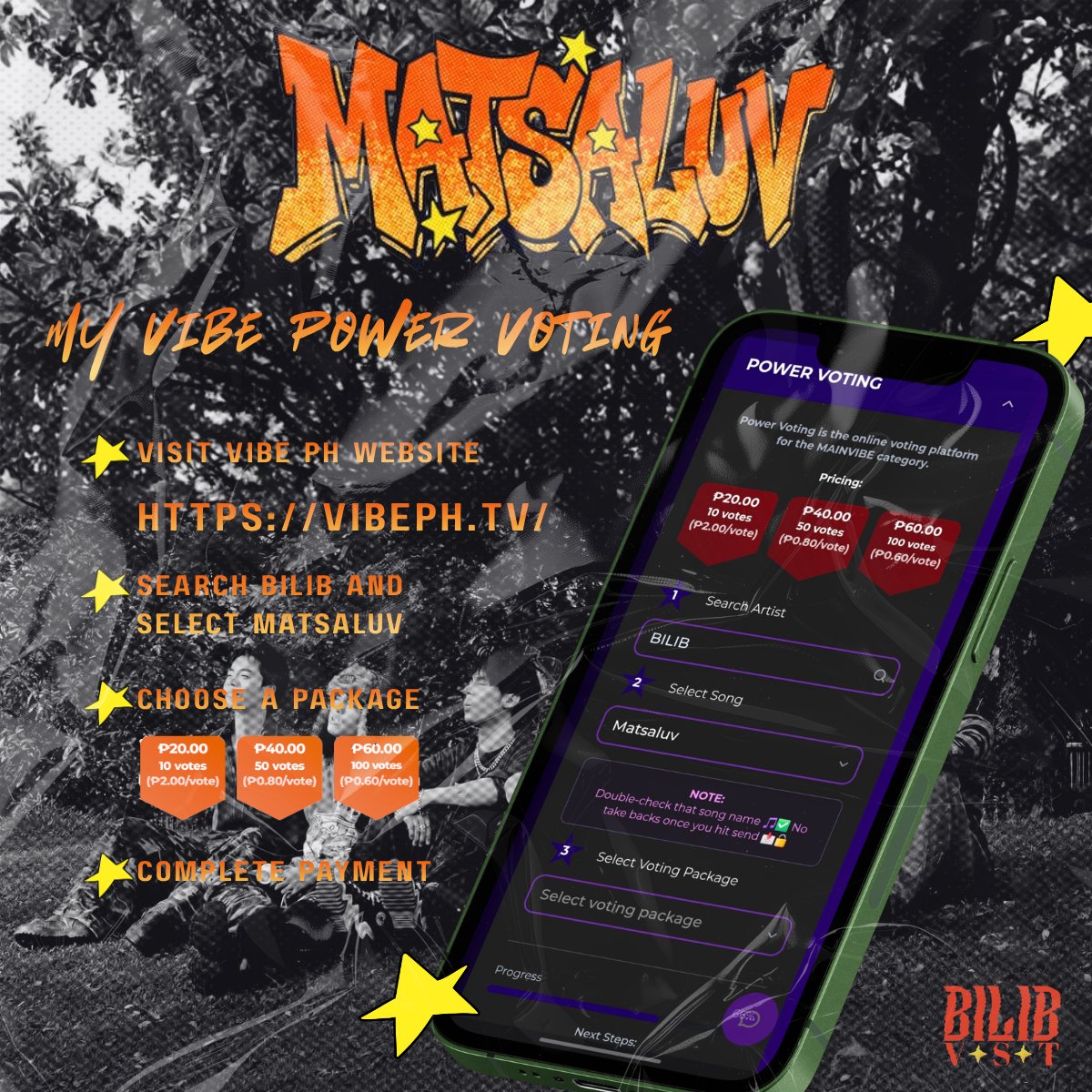 BILIB_VST's tweet photo. [💌]

SAMA SAMA TAYONG MAGLAKBAY🧡

Please vote for "MATSALUV" by BILIB  on Vibe PH for MAIN VIBE Song🧡

If you're new to Vibe PH, here’s a quick and easy guide on how to vote:

You can vote in three ways:
1️⃣ Via Facebook Messenger
2️⃣ Via SMS (Smart/TNT only)
3️⃣ Via Power Voting https://t.co/Bm8deOIhka